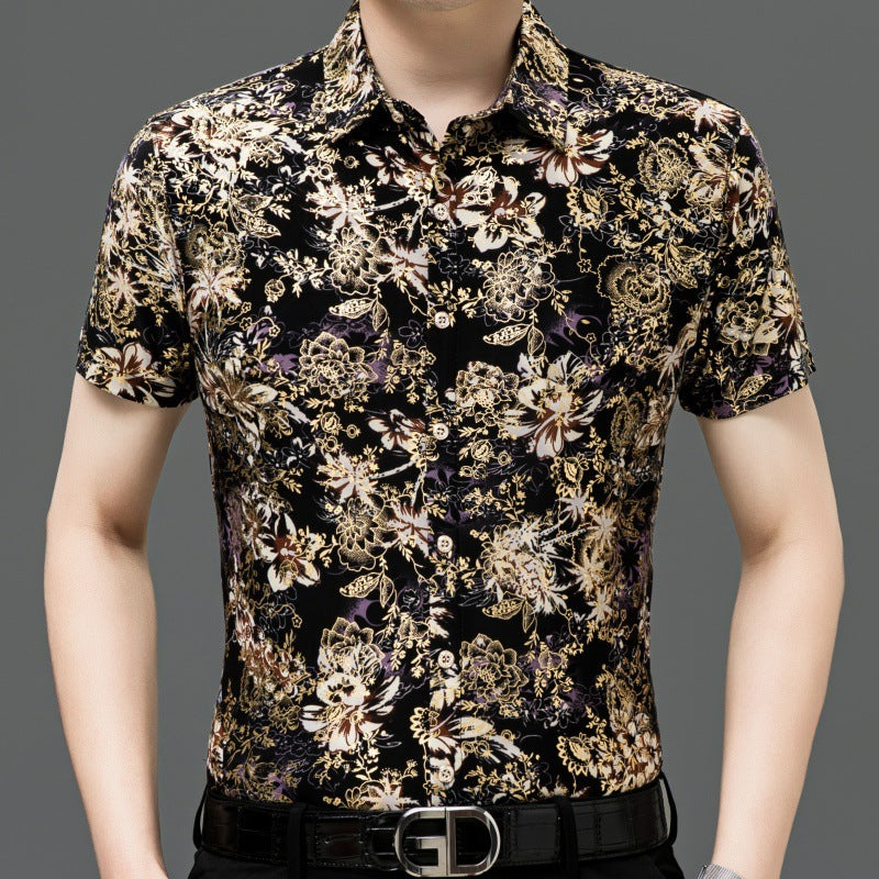 Summer Men's Middle-aged Printed Shirt Short Sleeve Stretch Ice Silk Leisure