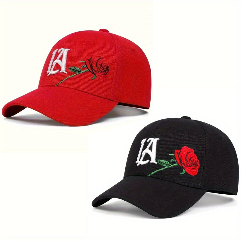 2PCS Knitted Polyester Baseball Caps with Embroidered LA & Rose Design, Adjustable Lightweight Hip-Hop Hats with Flag Theme for Outdoor Fashion