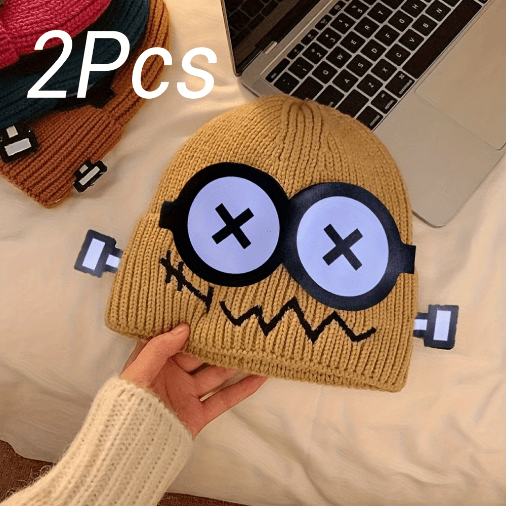 2pcs Cartoon Robot Knit Beanie Hats, Elastic Polyester Hair Caps with Ear Warmer, Hand Washable, Quirky & Playful Design for Daily Wear, Casual Headwear|Quirky Fashion|Elastic Knit Hats