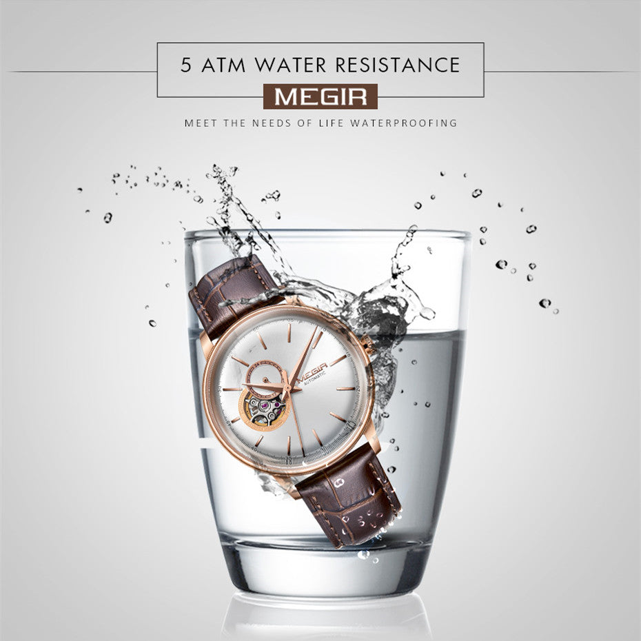 MEGIR Automatic Men's Watch Mechanical Movement Leather Strap Luxury Business Watches 5ATM Waterproof Big Dial Clock Wristwatch-9