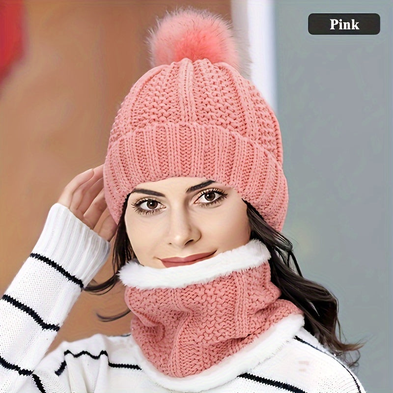Brand Winter Knitted Scarf Hat Set Thick Warm Skullies Beanies Hats for Women Solid Outdoor Snow Riding Ski Bonnet Caps Girl