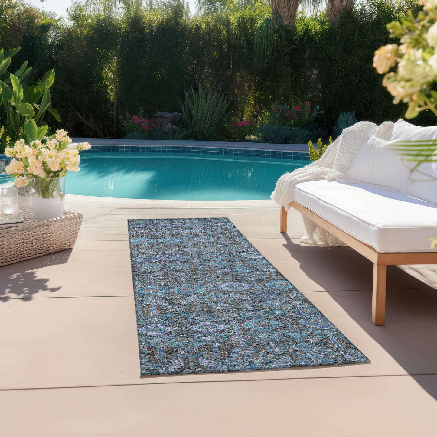 8' Runner Blue and Coffee Floral Washable Non Skid Indoor Outdoor Runner Rug-8