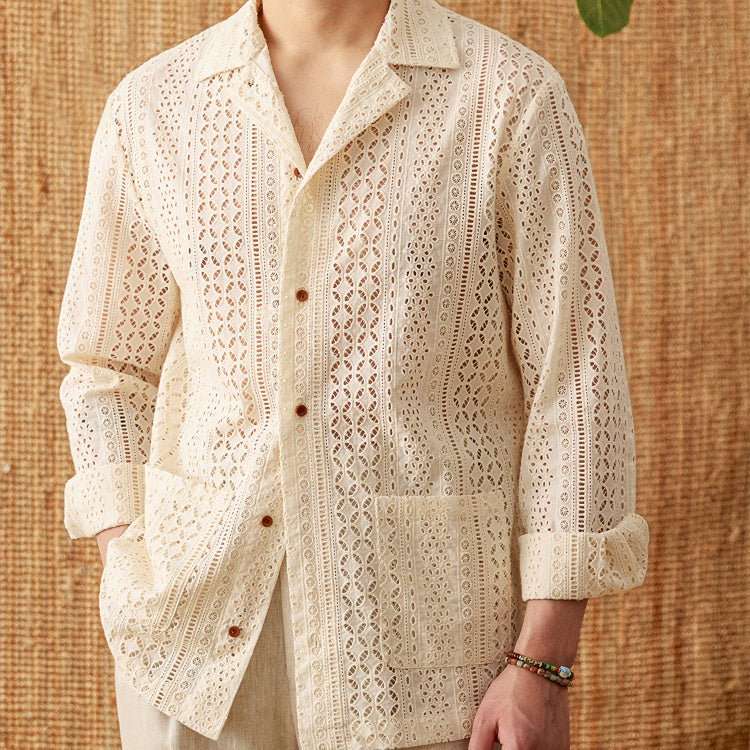 Cotton Hollow Cuban Collar Long Sleeve Shirt