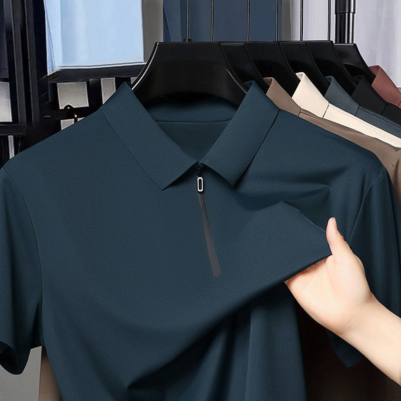 Men's Half Zipper Seamless Polo Shirt Summer Light Luxury Business Casual Ice Silk Top