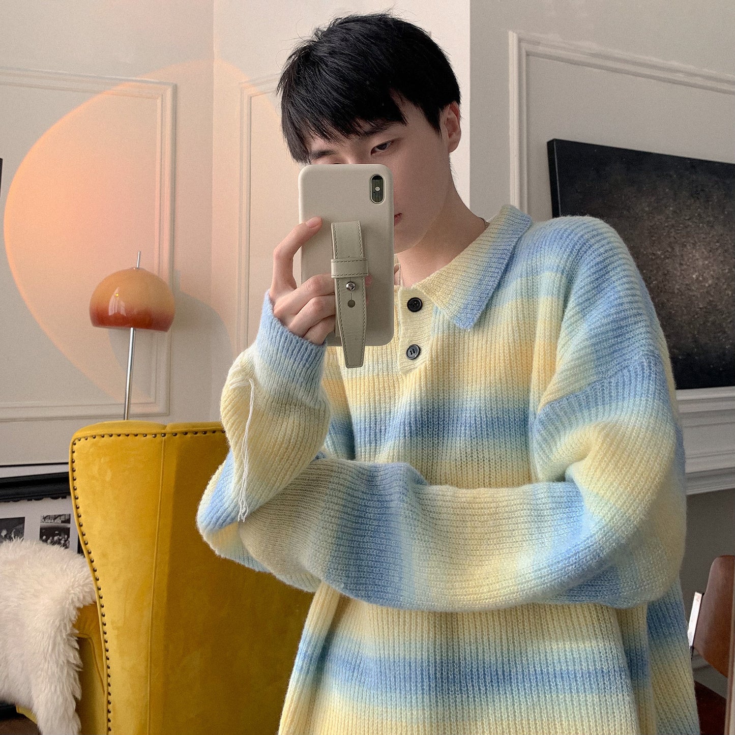 Salt Color Striped Turtleneck Sweater For Men