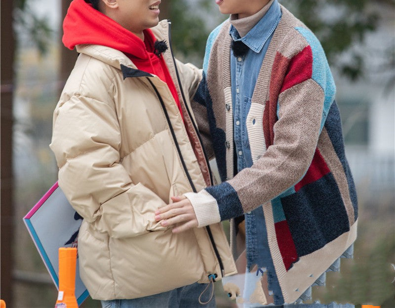 Geometric Square Contrast Color Single-breasted Knitted Cardigan Men