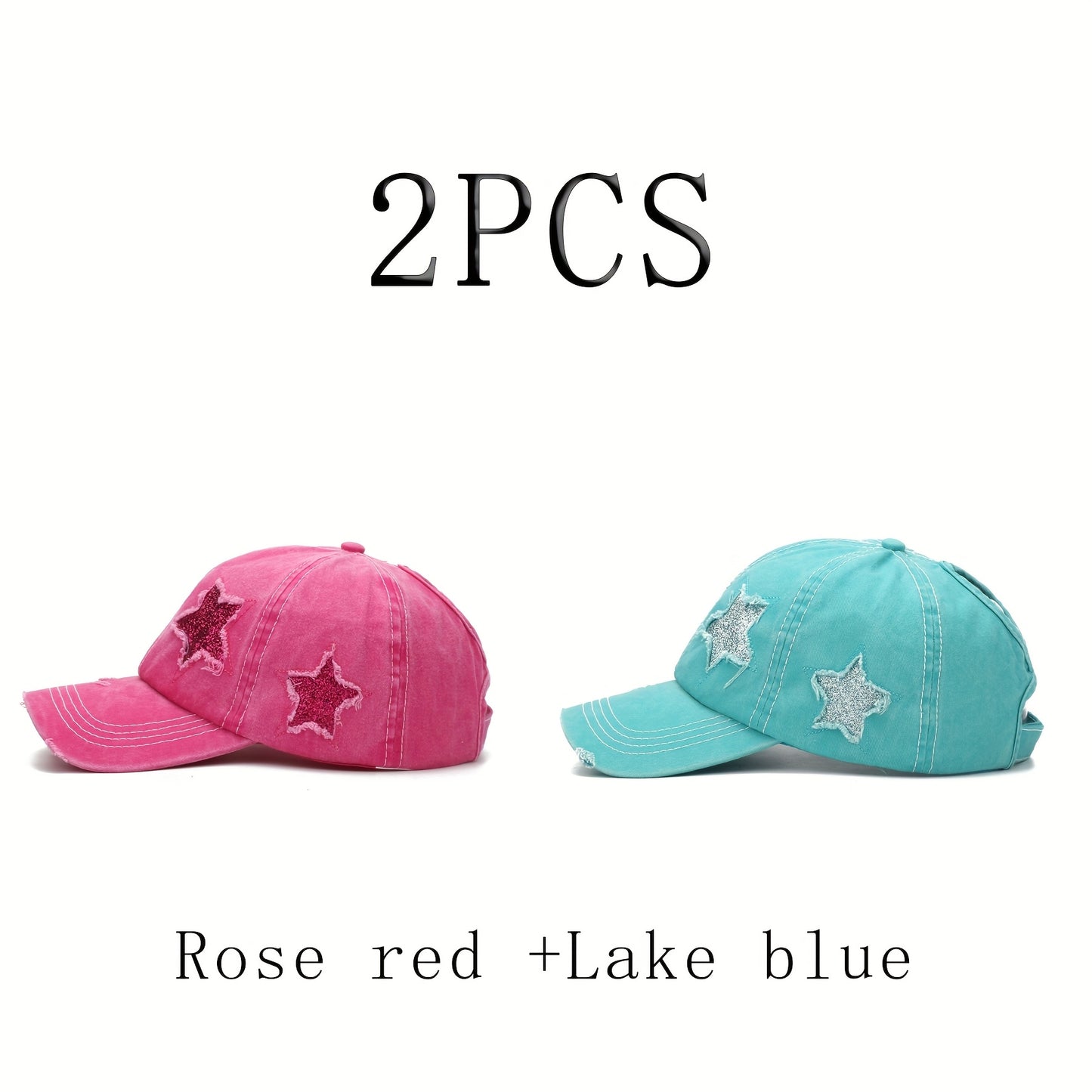 2pcs Women's Distressed Denim Baseball Caps with Ponytail Hole - Navy Blue & Black, Reflective Star Design, Breathable Polyester, Adjustable Fit for All-Season Style