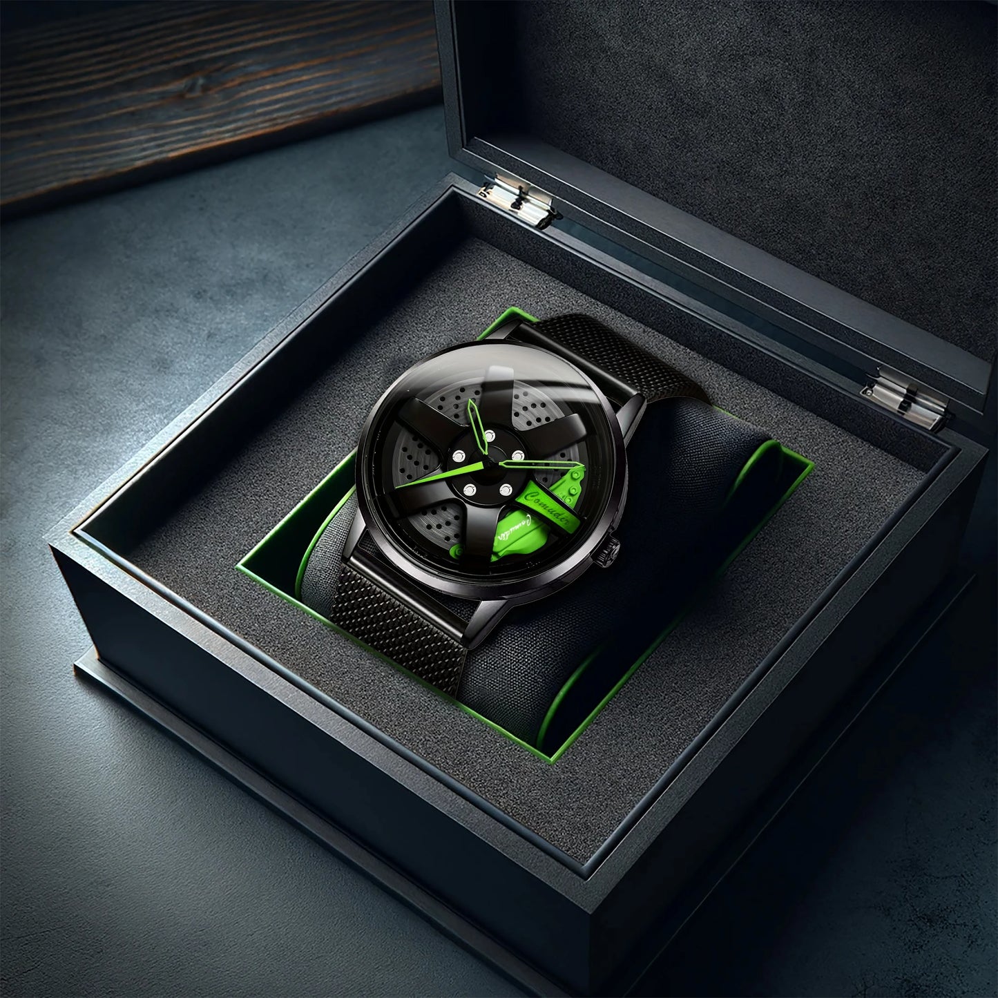 New men's watch with sporty and trendy wheel design, high aesthetic and fashionable disc, black mesh belt, men's quartz watch