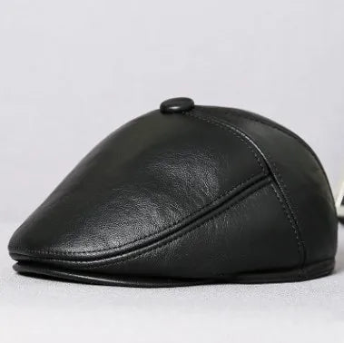 SILOQIN Men's Real Genuine Leather Caps Warm Berets Men Cowhide Leather Hat Winter Fur Earmuffs Cap Middle-aged Dad's Beret Hats