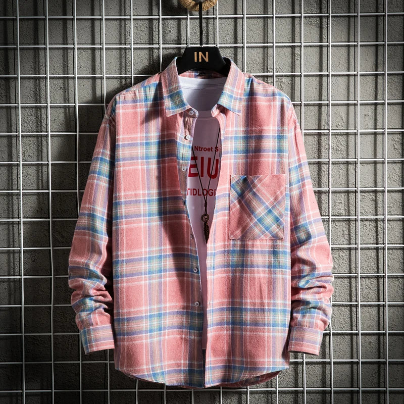 Men's Clothing Fashion Cotton Shirts Single Pocket Long Sleeve Youthful Soft Casual Plaid Checkered Top Male Shirts for men