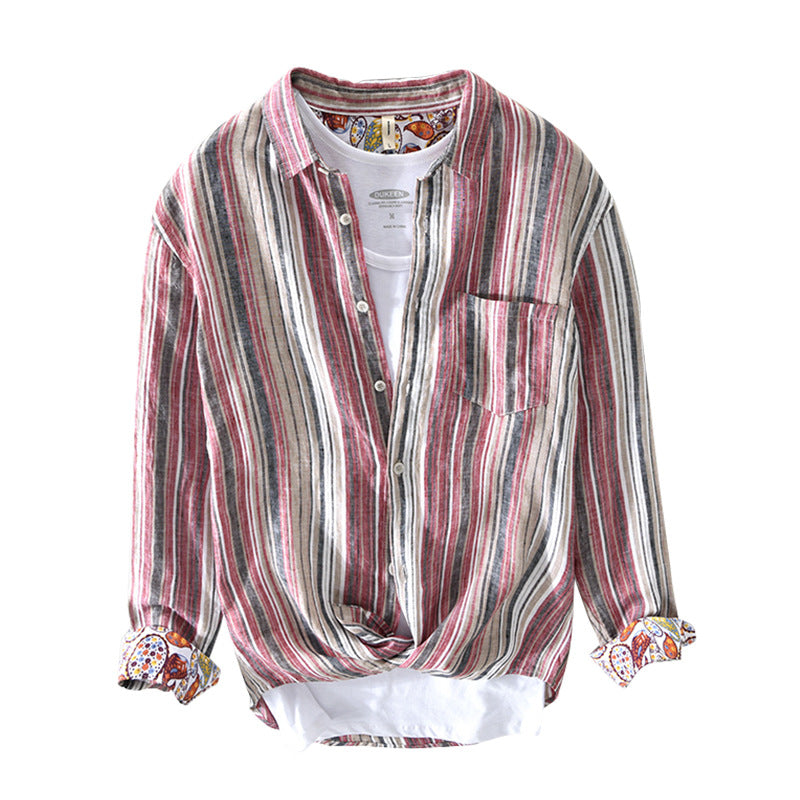 Spring And Summer New Men's Casual Linen Striped Shirt