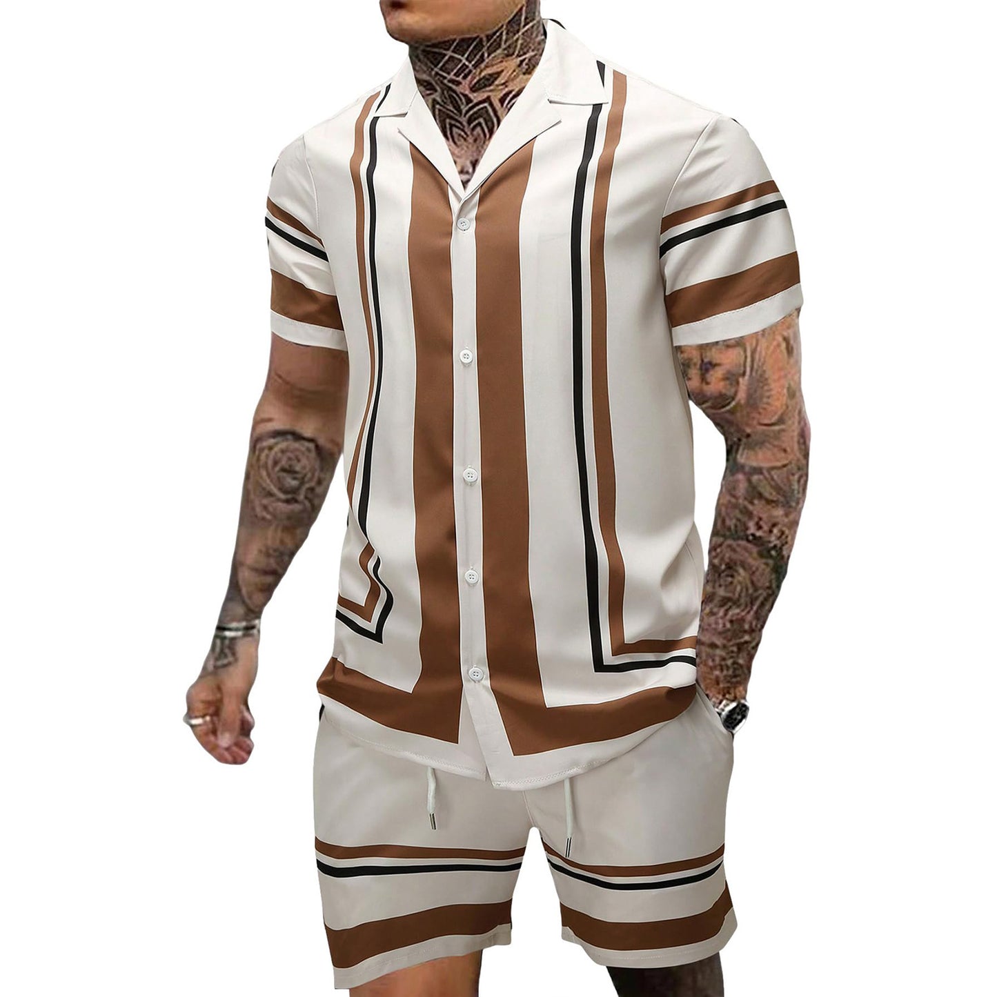 Cuban Collar Striped Short Sleeve Shirt Outfit