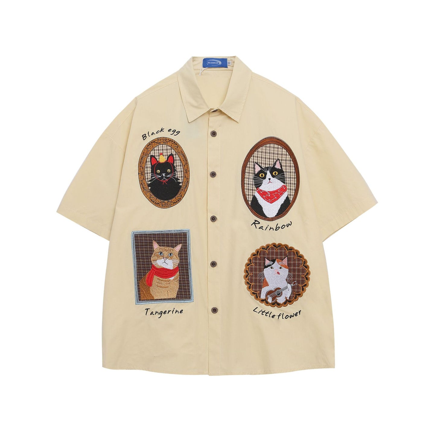 Antique Style Embroidered Cat Lazy Shirt Short Sleeve