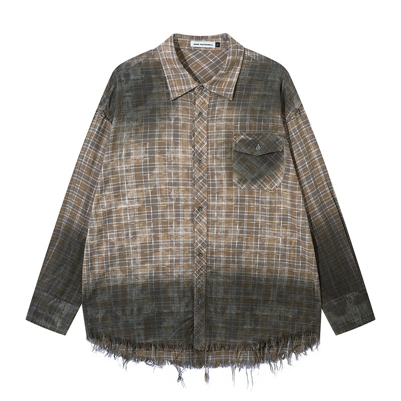 Gradient Plaid Shirt New Distressed Raw Edges