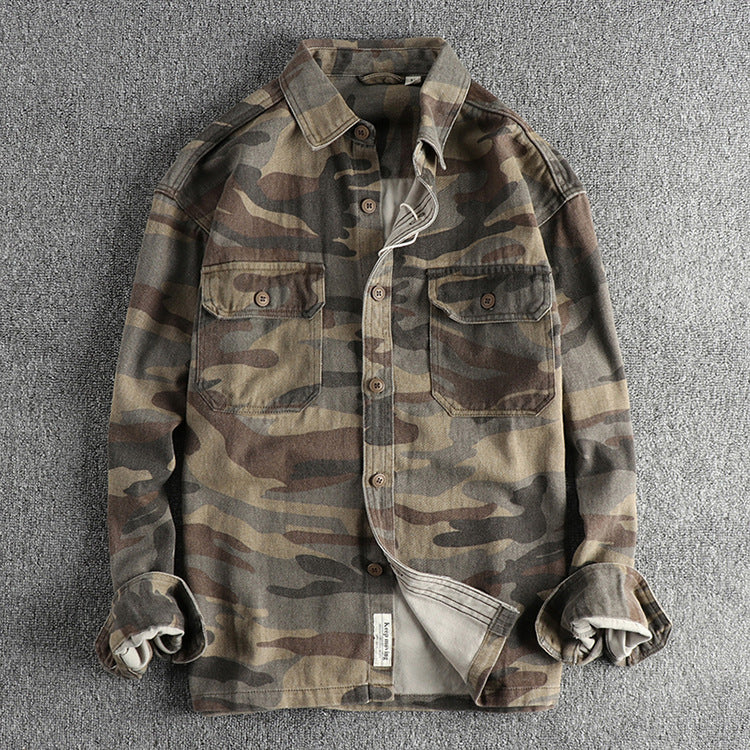Washed Out Vintage Cotton Workwear Long-sleeved Shirt Coat