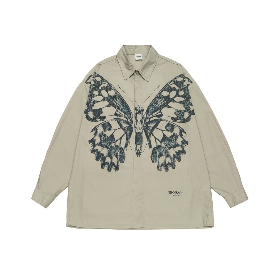 Butterfly Print Workwear Shirt Men's Casual Loose Long Sleeve