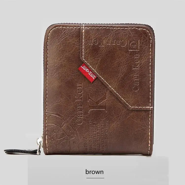 Men’s PU Waxed Oil Leather Wallet – Short Bifold Coin Purse with All-Around Zipper for Cash & Cards