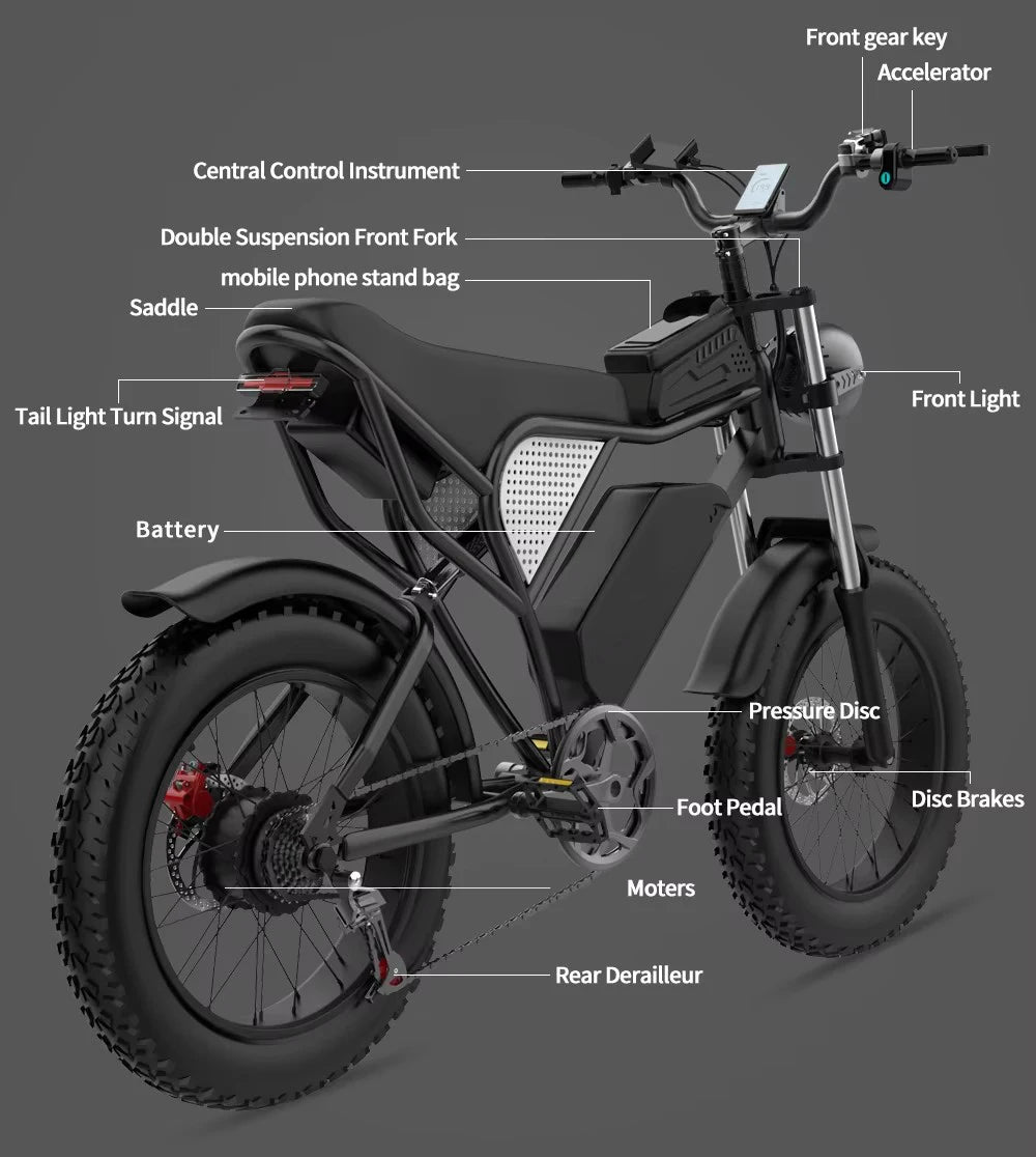 YVY Electric Bike for Adults 1200W 48V 15.6Ah Teens Off-road Touring City Trail 20*4 Inch Fat Tire Snow City Commuter EBike