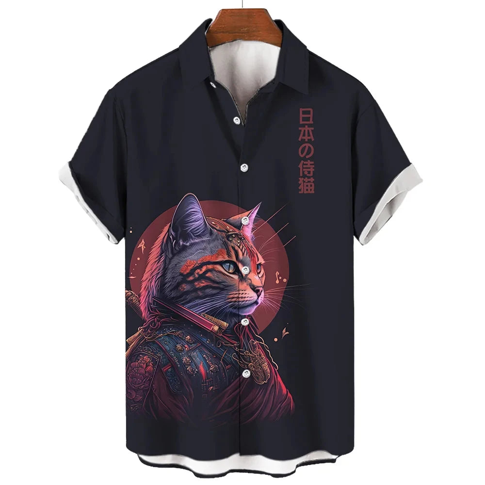 Fashion Cool Samurai Cat Graphic Shirt Japanese Style y2k Men's Streetwear Summer Casual Short Sleeve Buttons Hawaiian Shirts