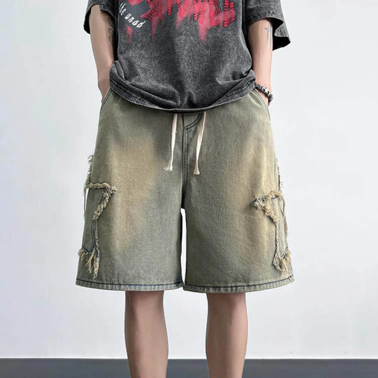 Fashion Denim Shorts For Men Summer Comfortable High Waist Drawstring Short Pants Men’s Streetwear Star Loose Casual Shorts