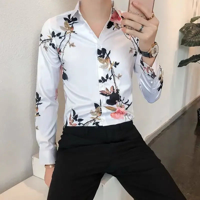 Shirts For Men White With Print Man Shirt Long Sleeve Printed New In Collar Asia S Korean Popular Clothes Trend Original Tops