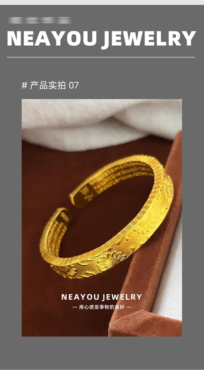 Real 9999 24k Gold Design Is Thickened and Wide, Facing the Sunflower and Engraved with the Heart Sutra, Open Bracelet Bracelet.
