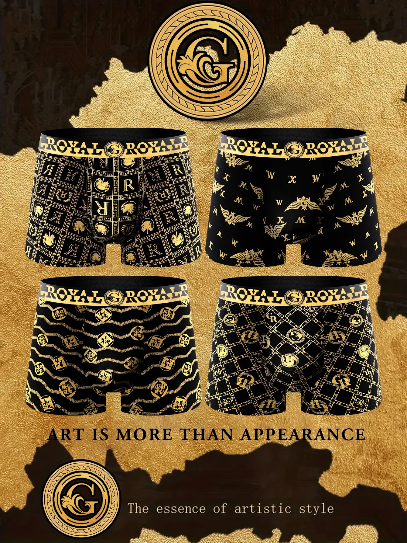 4 pieces of men's underwear, boxer shorts men's underwear, black and gold boxer underwear breathable men's plus size universal
