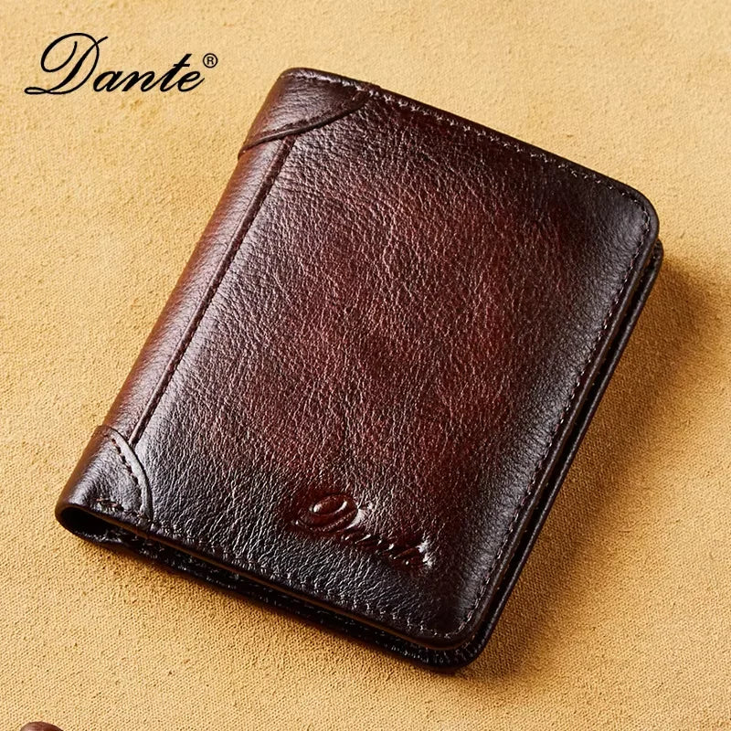 Dante Men's Leather Wallet RFID Anti-theft Brush Head Layer Cowhide Retro Casual Vertical Multi-Function Money Bag Money Clips