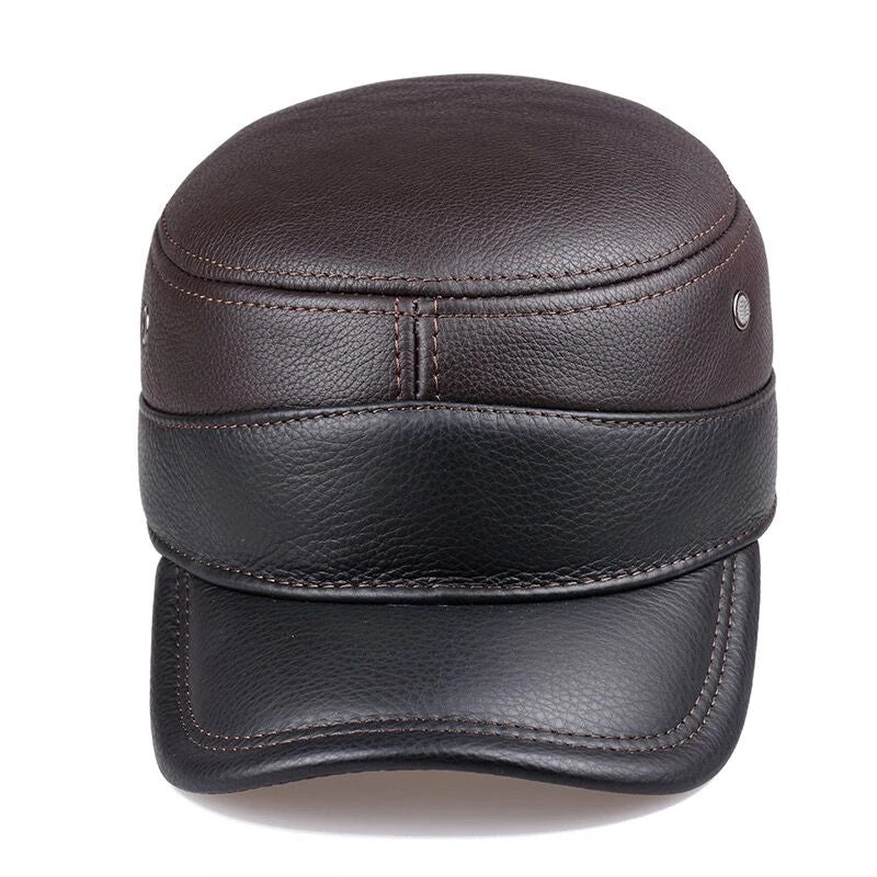 New Winter Men Genuine Leather Military Hat Ceiling Earmuffs Flat Hat Male Keep Warm Leisure 55-62 cm Adjustable Cow Skin