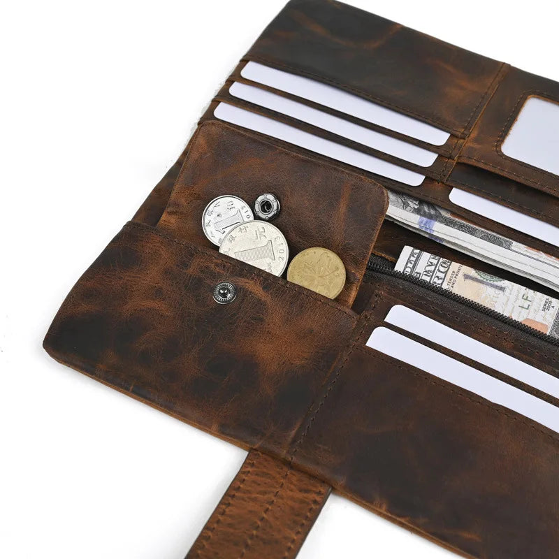 Vintage Genuine Leather Men's Long Wallet Real Cowhide Leather Long Purse Men Women Smooth Skin Leather Card Purse Anti Theft