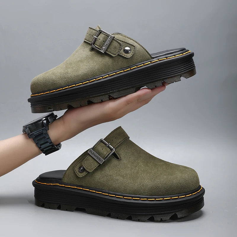 Men's Fashion Large Leather Casual Slippers Men's Four Seasons Half Slippers Non Slip Beach Shoes Classic Clogs Shoes