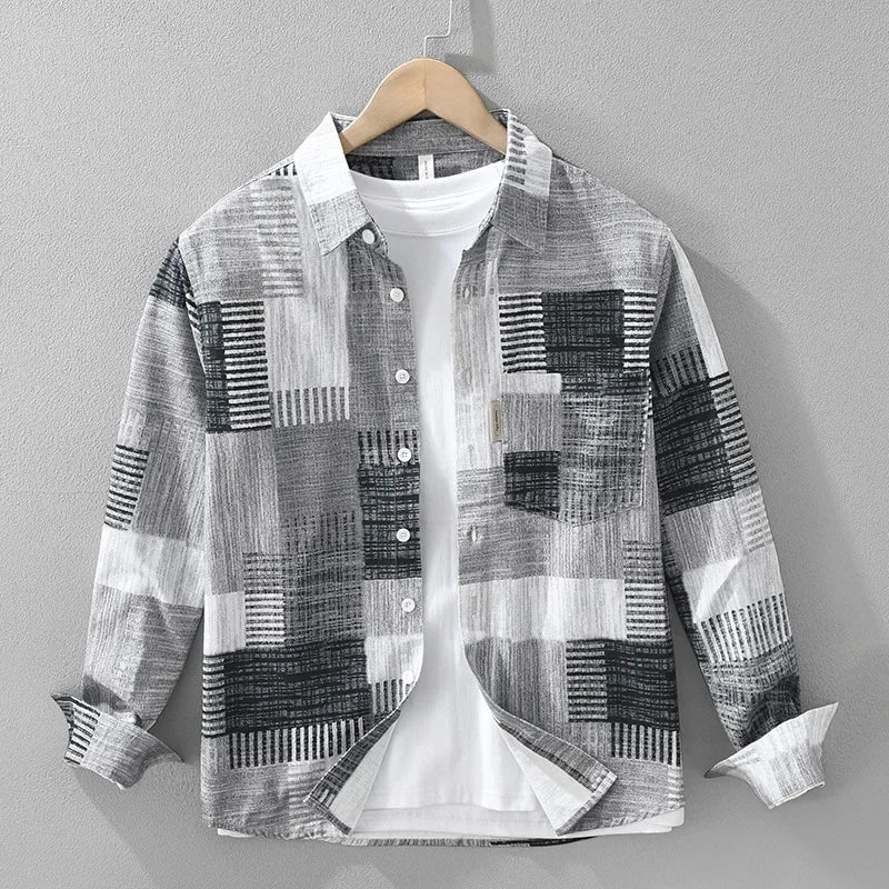 Men's Casual Shirt Japan Style Good Quality Vintage Printing Long Sleeve Loose Casual Lapel Blouse Daily Tops
