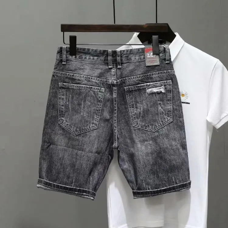Men's Summer Fashion Hole Ripped Jeans Shorts Capris Casual Gray Beggar Denim Shorts