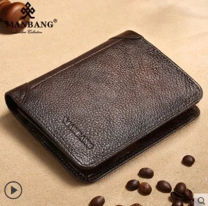 【Genuine Cow Leather / Gift Box】ManBang Luxury Men's Wallet RFID Short Trifold For Men with ID Window and Credit Card Holder