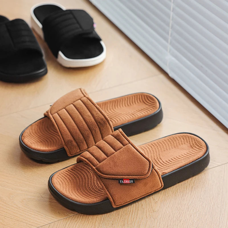 Men's Fashion Slippers Solid Color Flat Heel Retro Style Solid Color Ultra-light Soft Sole Silent Home Suede Casual Shoes