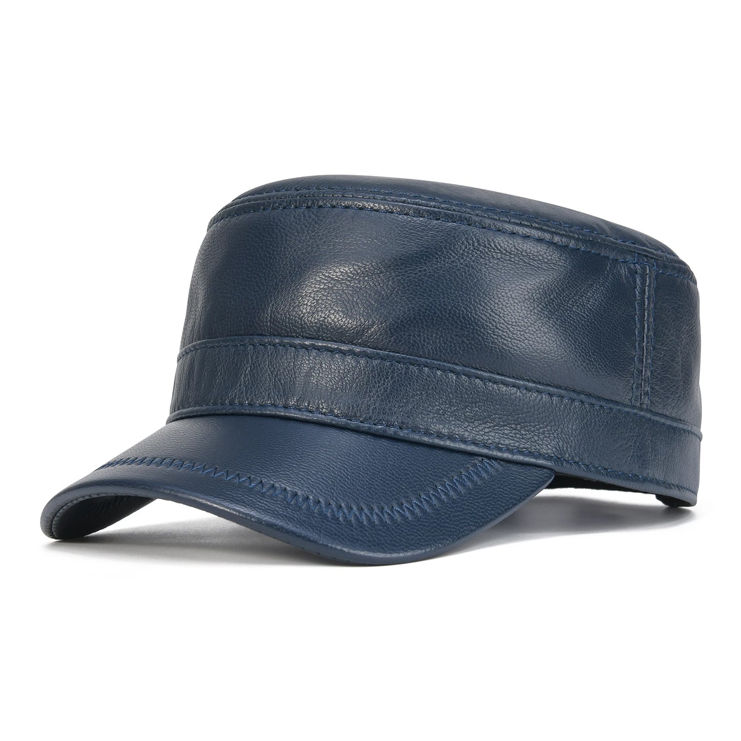 VOBOOM Winter Leather Cadet Army Cap Cabbies Adjustable Soft Flat Top Military Style Hat for Men