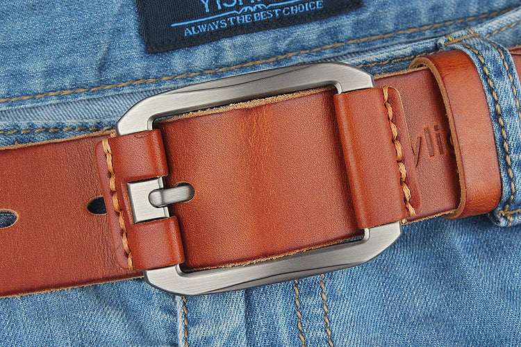 3.8cm Width Thick Men Retro Genuine Leather Belts Copper Pin Buckle Cowhide Business Belt High Quality Male Waistband