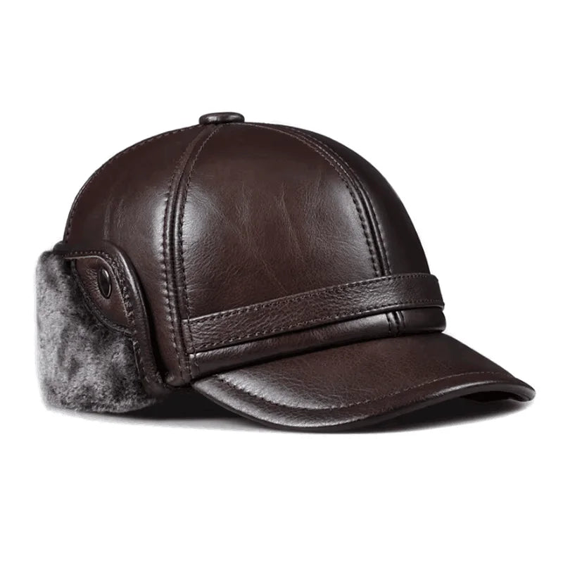 Genuine Cowhide Leather Faux Fur Caps Dad Warm Winter Hat For Men Velvet Flat-top Duck Tongue Ear Protection Outdoor Bomber Gorr
