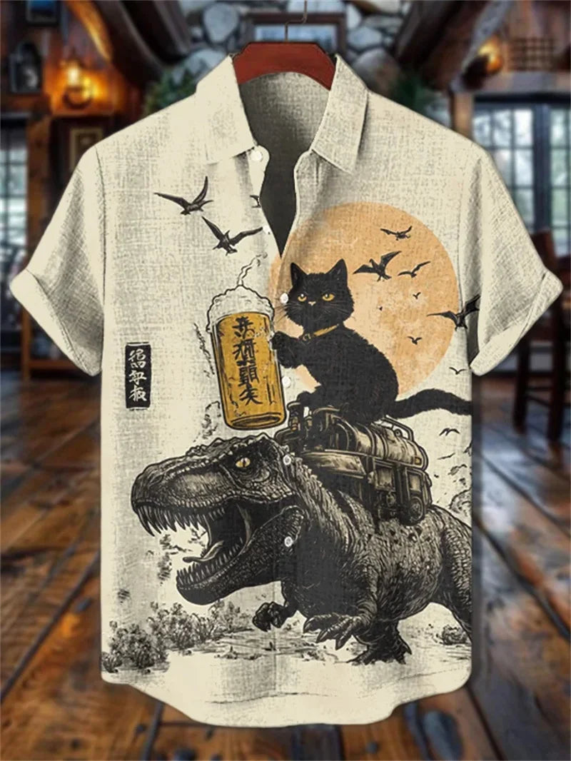 Men's Volcano Animal Pattern Linen Shirt Summer Fashion Short Sleeve Button Collar Shirt Hawaii Casual Shirt Top