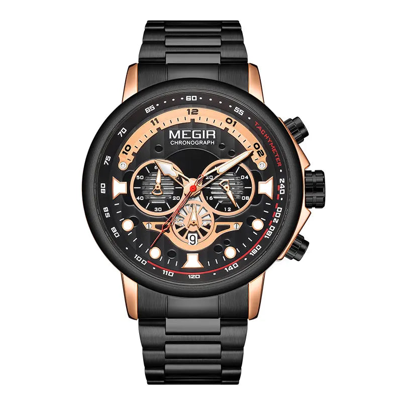MEGIR Men's Watch Fashion Waterproof Chronograph Quartz Wristwatch with Auto Date Stainless Steel Strap Luminous Hands 24-hour