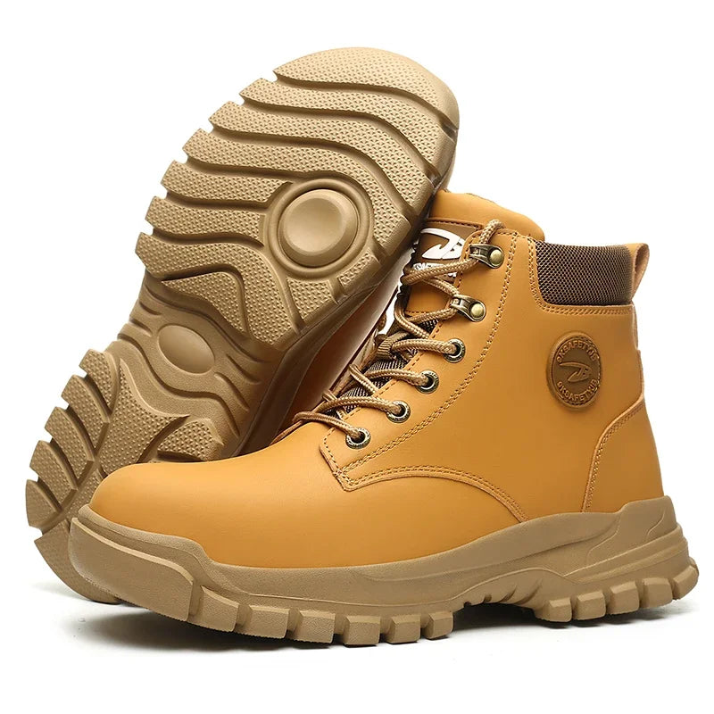 Work Safety Boots for Men, Anti-smash Steel Toe Shoes, Puncture-proof, Indestructible, Waterproof Sneakers Brown Boots