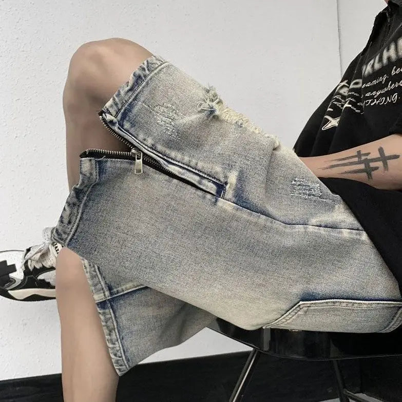 Men's High Street Ripped Denim Versatile Loose and Handsome Shorts