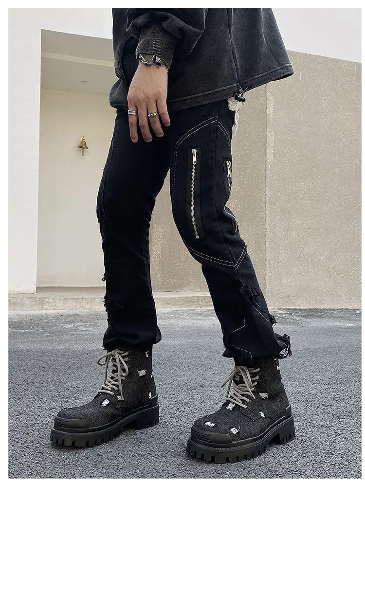 Mating boots for men new design black washed denim canvas short boots distressed style thick soled shoes Street Style