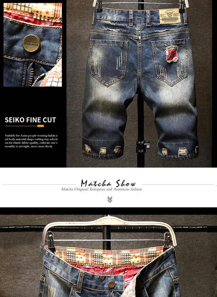 New in Ripped Shorts Men's Summer Fashion Hip Hop Vintage Short Jeans Slim High Street Hole Knee Long Pants Male