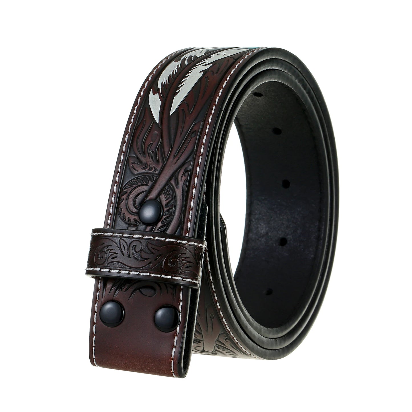 1 Pair of Genuine Leather Men's Belts (Without Buckles), Embossed Design, Feather Pattern Button Design, Convenient and Versatil