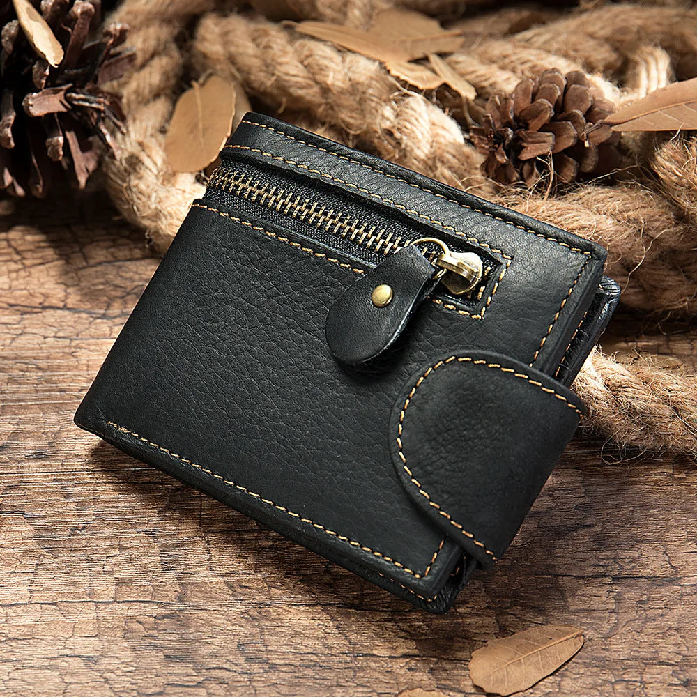 Men's Crazy Horse Leather Short Wallet Genuine Leather Buckle Wallet Vintage Top Layer Cowhide Card Holder Multi-Card Wallet