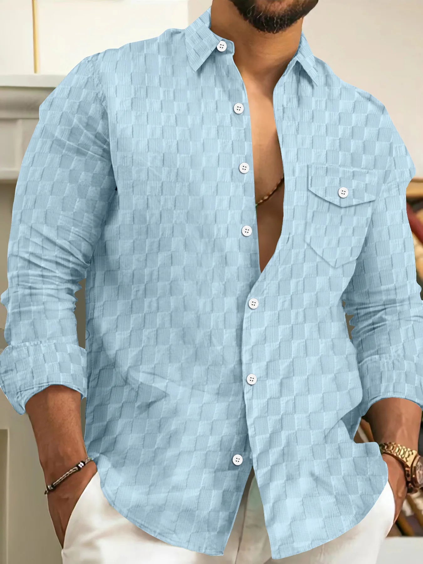 Shirt For Men High Quality Casual Comfort Checkered Chest Pocket Solid Color Lapel Button Long Sleeve Cardigan Tops