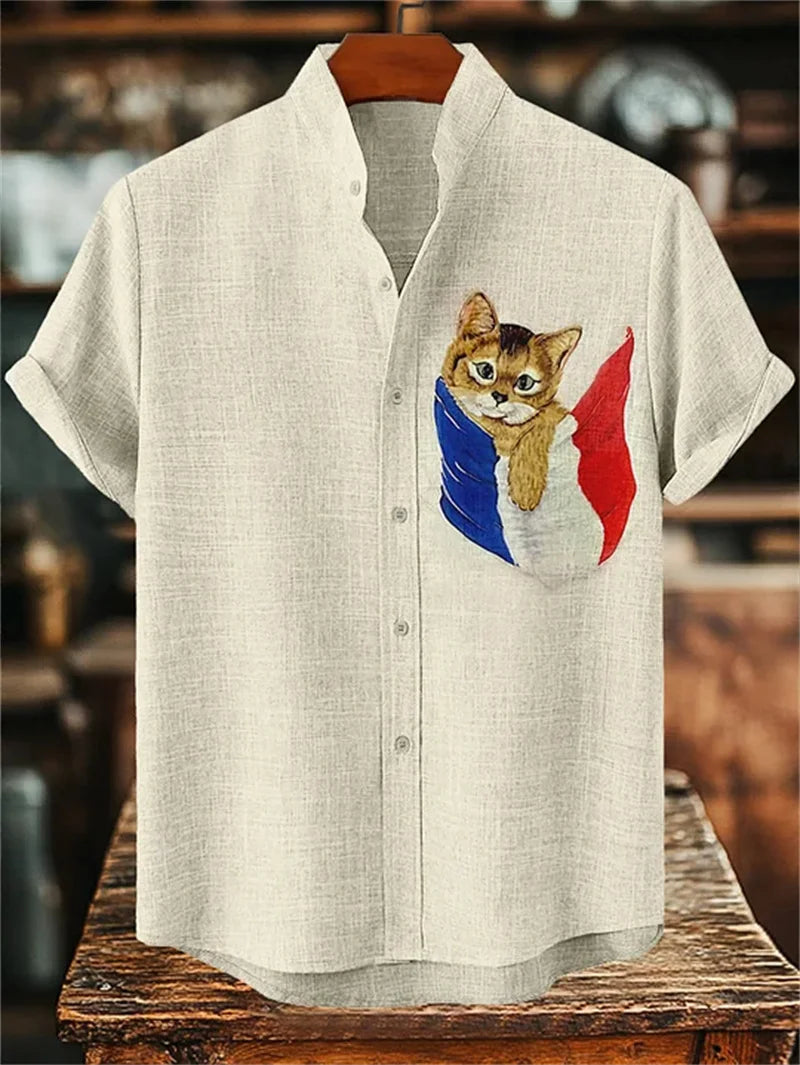 Men's Cat Ocean Art Shirt 3D Floral Print Casual Linen Hawaiian Shirt Summer Men's Short Sleeve Shirt Beach Top