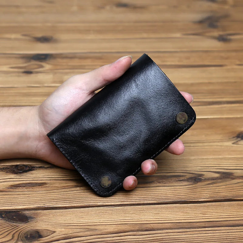 Retro Handmade Leather Wallet for Ladies Top Layer Cowhide Men's Short Wallet Wiping Color Buckle Bag Vertical Credit Card Bag