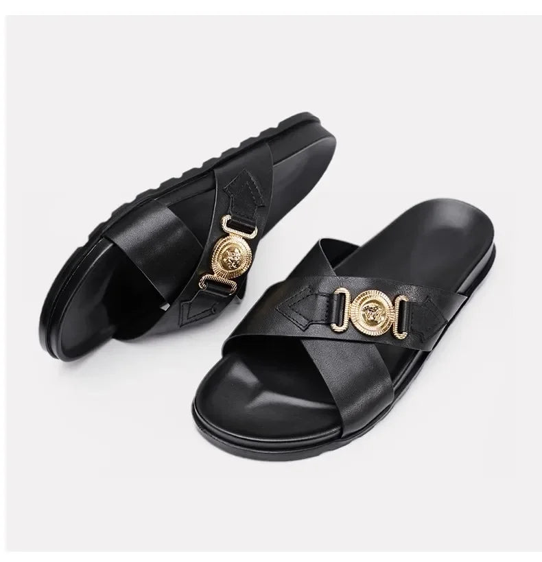 Trendy Versatile Men's Slippers Soft Sole One-Piece Genuine Leather Beach Shoes Cross Strap Casual Shoes Summer 2024